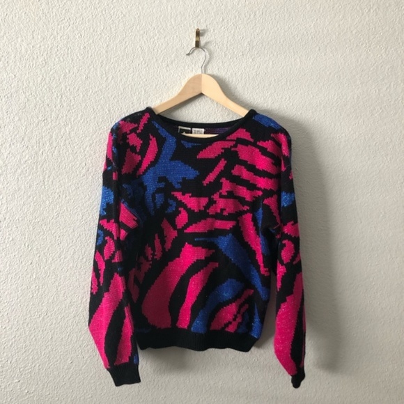 Vintage Sweaters - 80s 90s Vintage Geo Pink Blue Black Bold Sweater